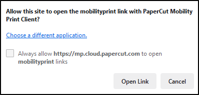 Click open link to allow mobility print to link with the PaperCut print client. 