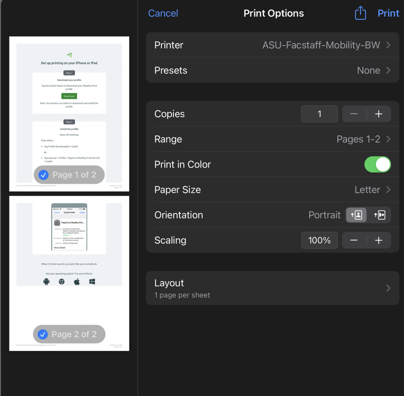 Click print to send your print job to a printer. 