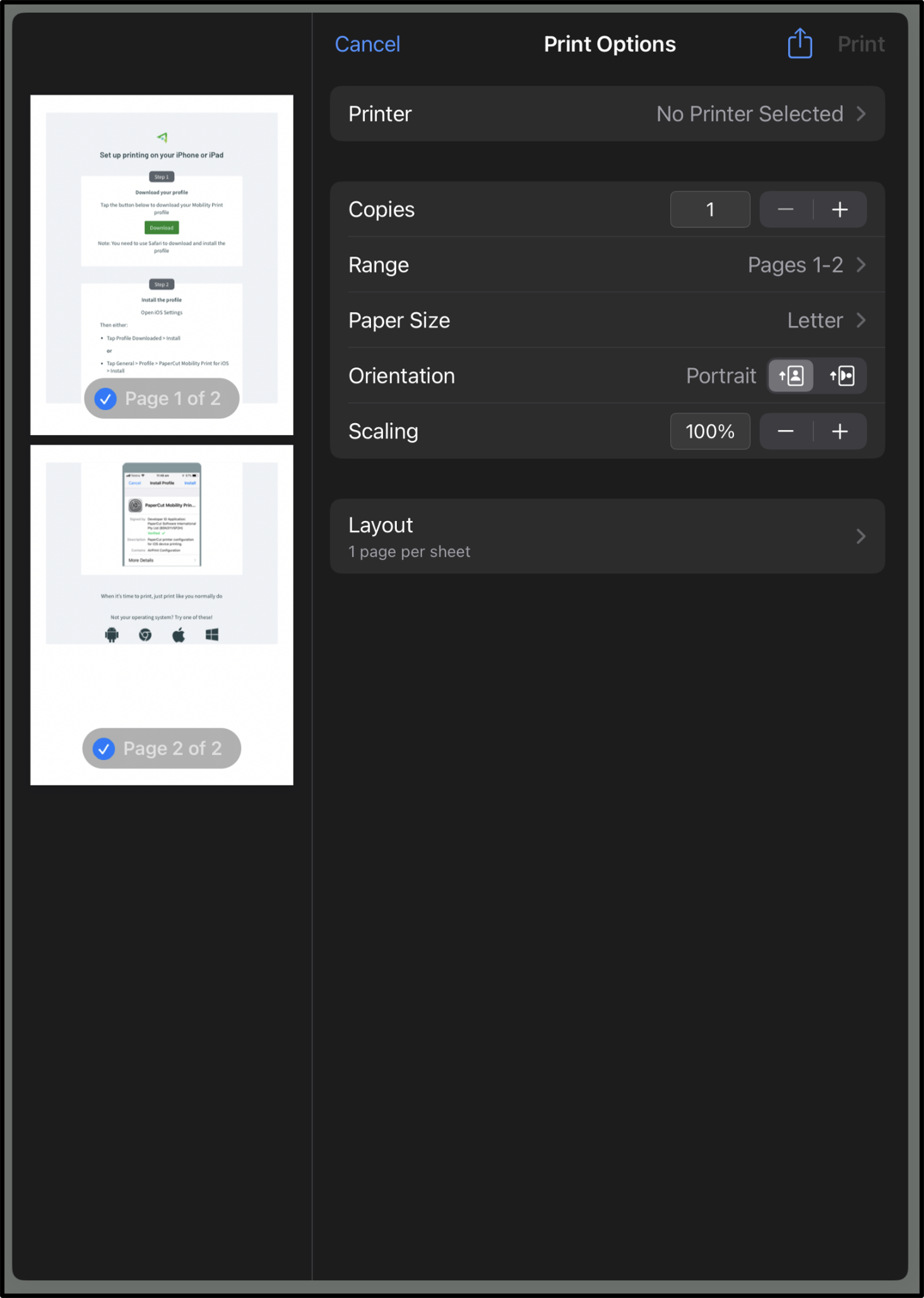 Tap the right arrow next to Printer to select your printer. 