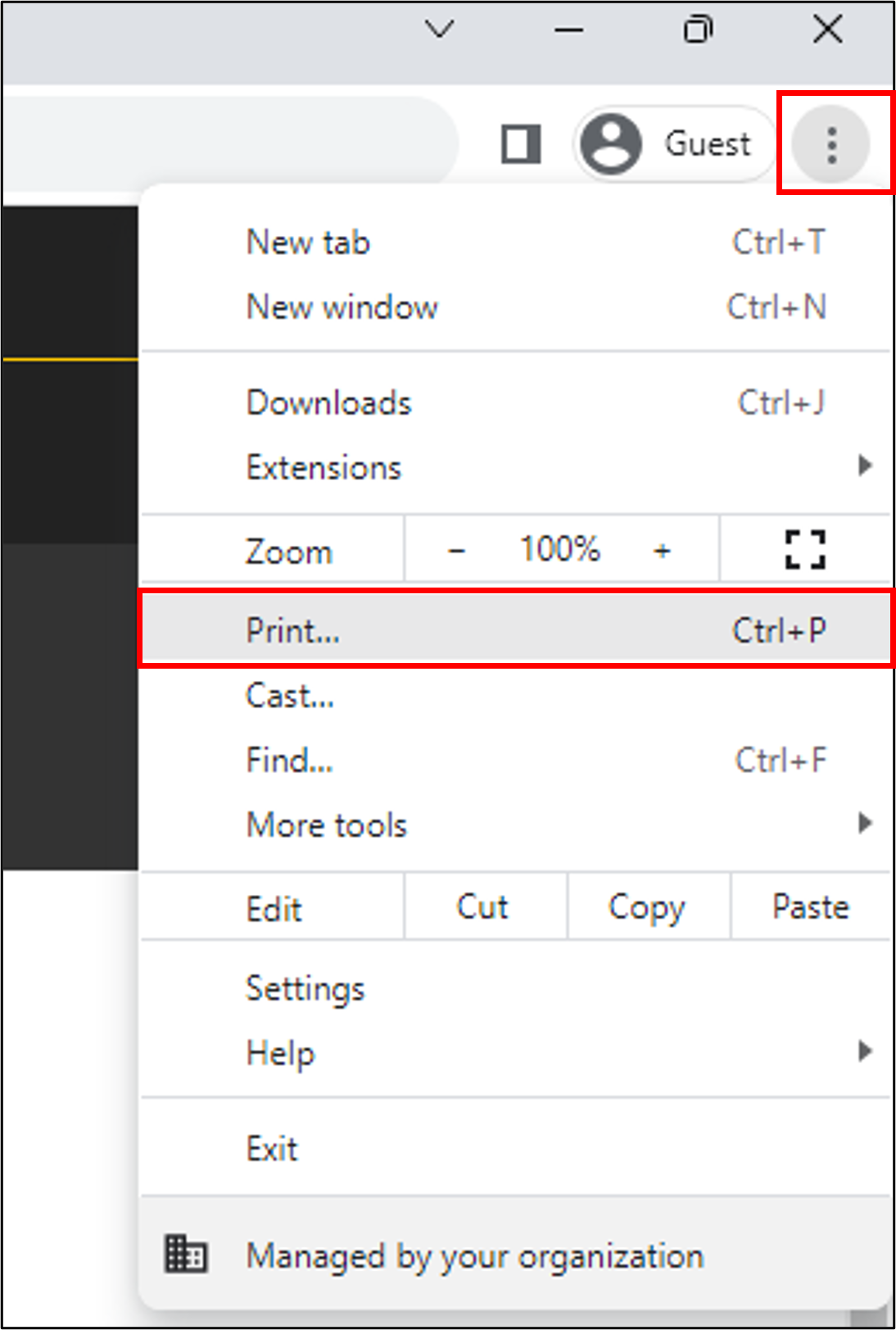 Clicking the three-dot icon to open settings and selecting print.