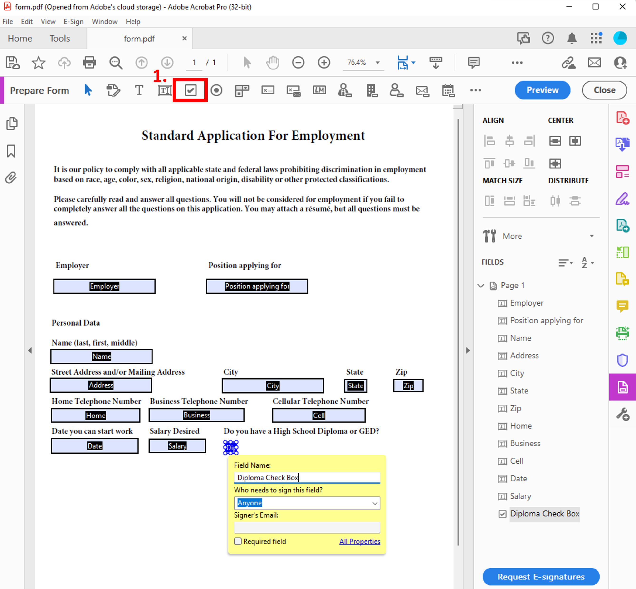 Click the checkbox Icon to insert a check box.