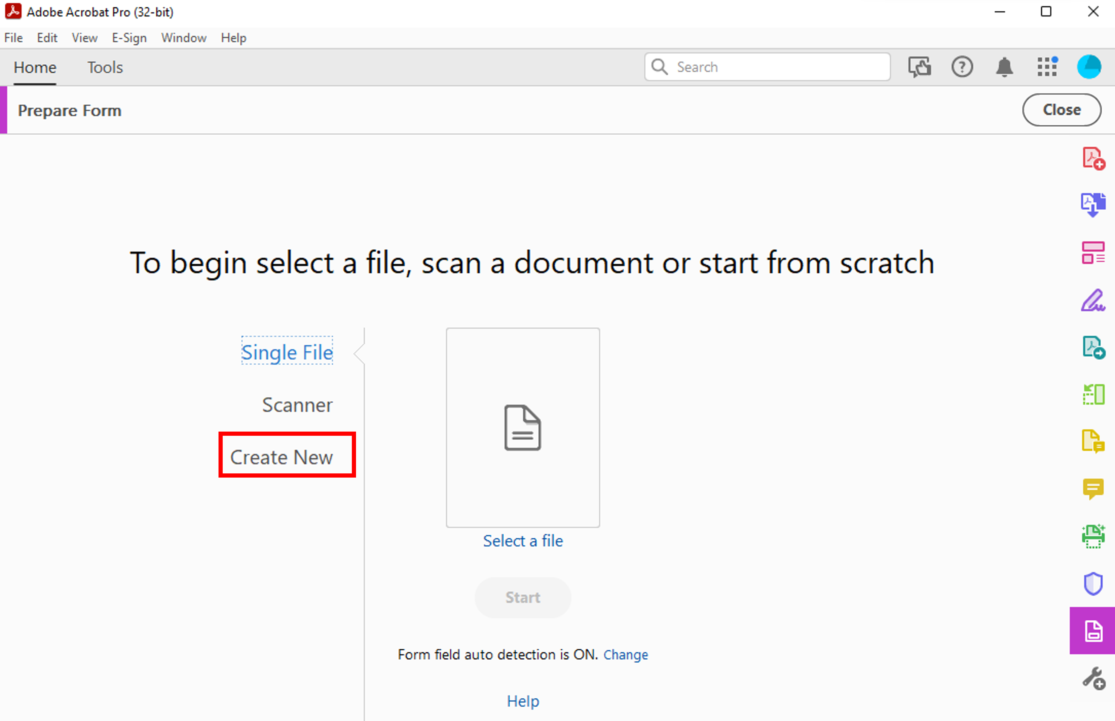 Selecting the create new option to create a new form.