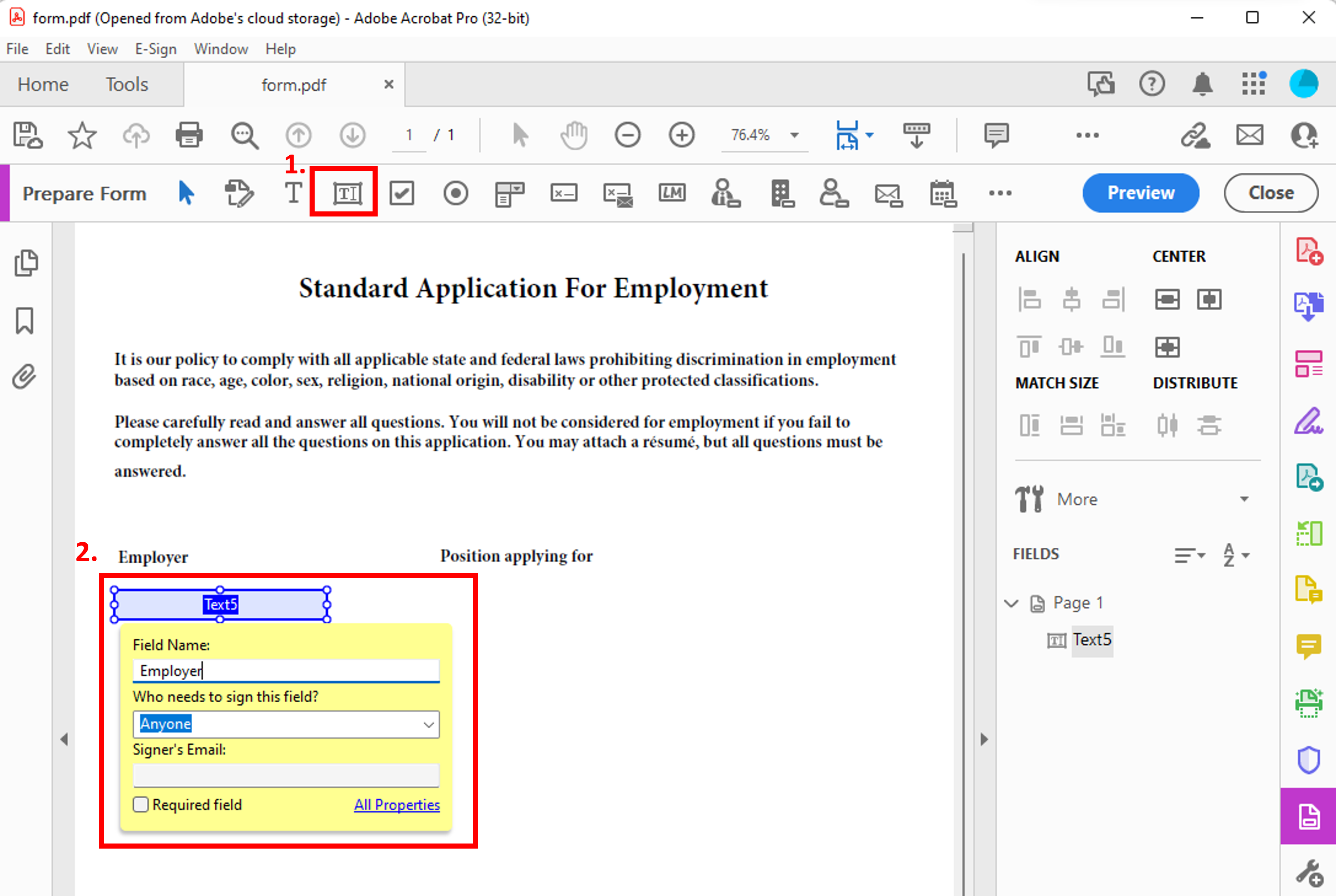 Adding a fillable text field.