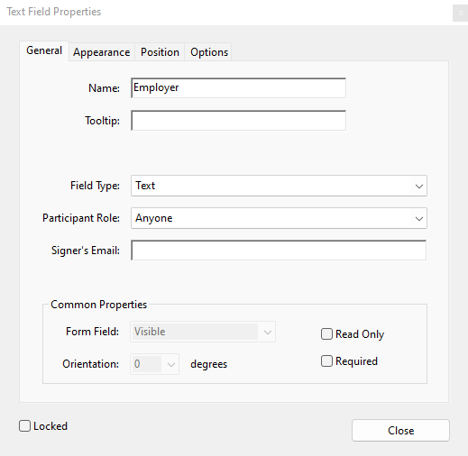 Oepning the Text Field Properties dialog box.