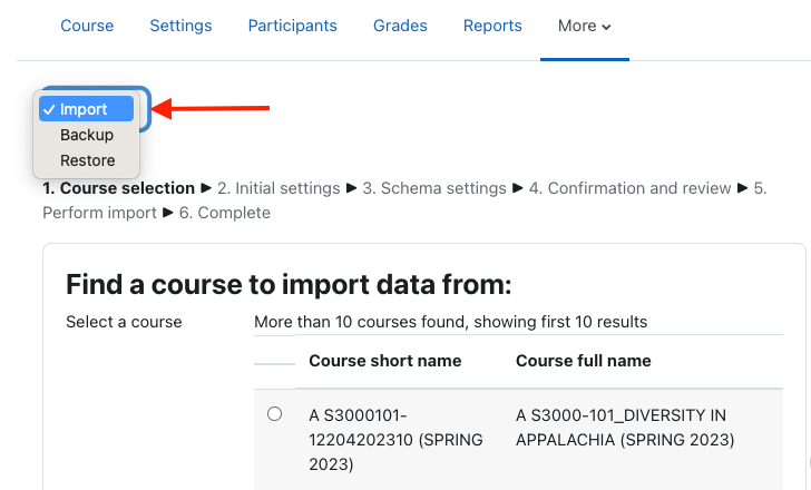 From the dropdown menu at the top left select import, then choose course in list or use search box at bottom of page