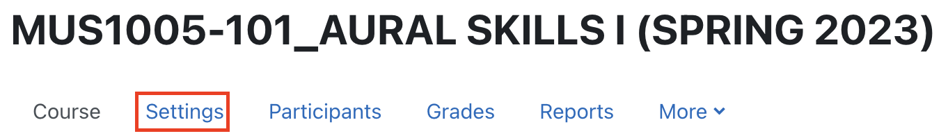 Appalachian Technology Knowledge Base > Groups: Create user groups and groupings in a course > groups1.png (Click the settings item in the Course menu along the top of your course homepage) Click the settings item in the Course menu along the top of your course homepage