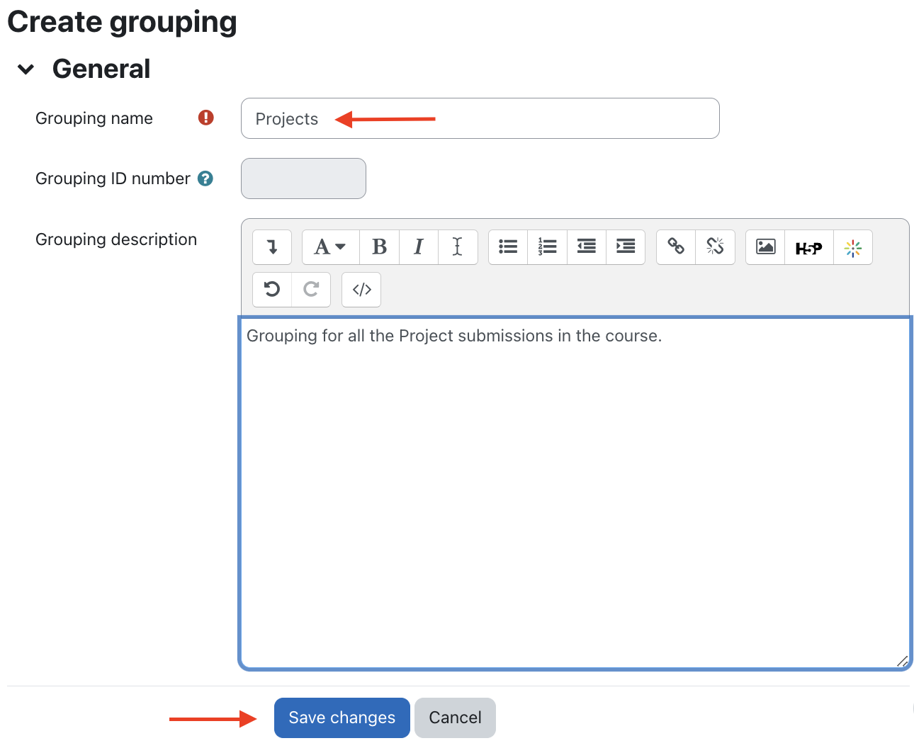Provide grouping name and click save changes