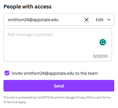 Fill out the invite box to send an email to the user you are inviting to have access to the document.