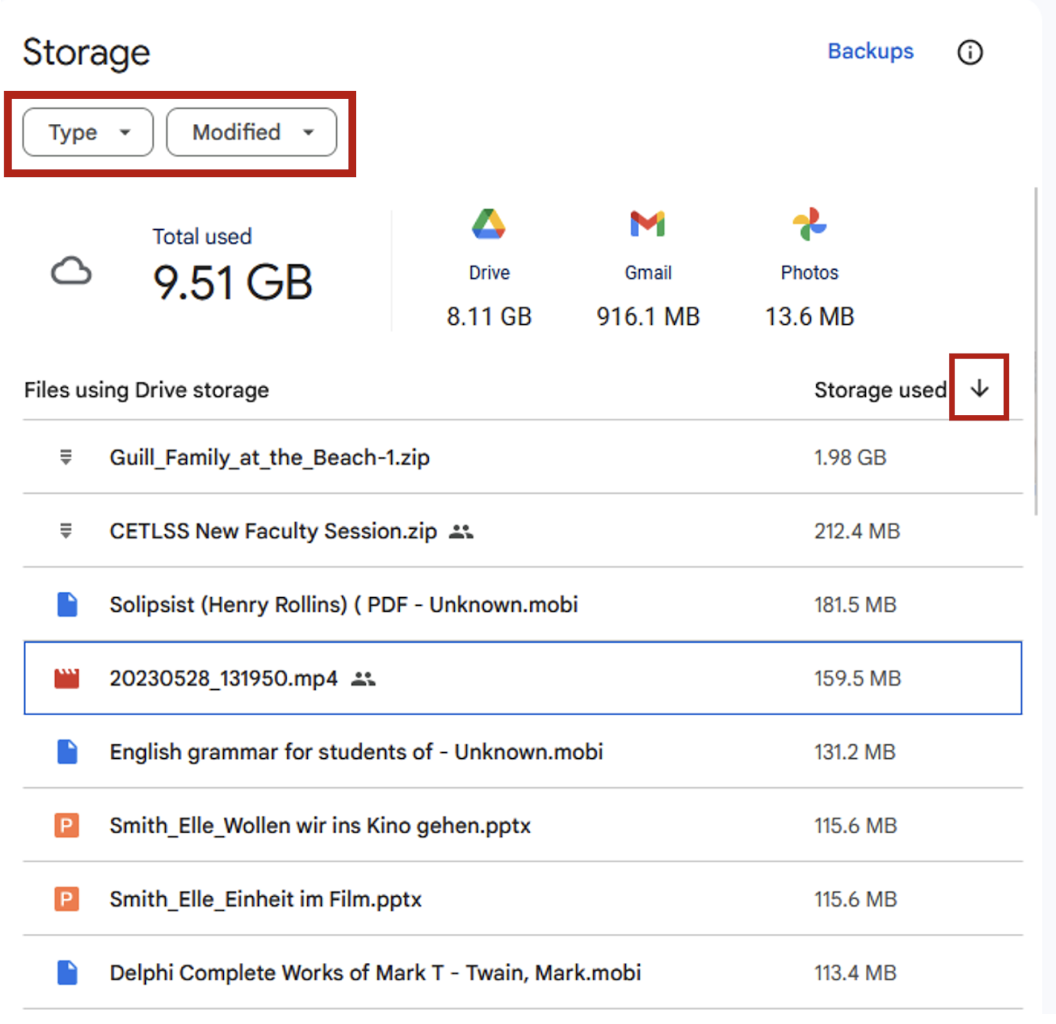 Sorting storage by type or modified date.