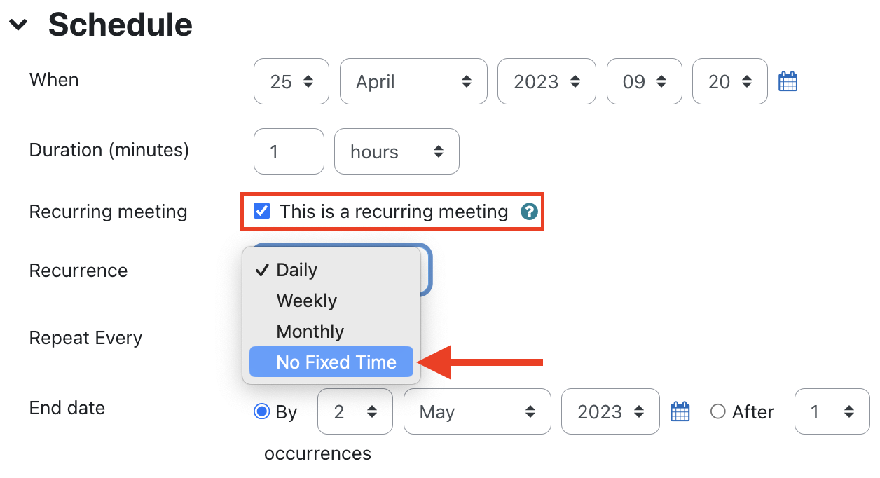 Schedule options in Zoom. Select recurring meeting and set recurrence to no fixed time