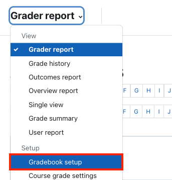 Use grader report dropdown menu at top left, select Gradebook setup