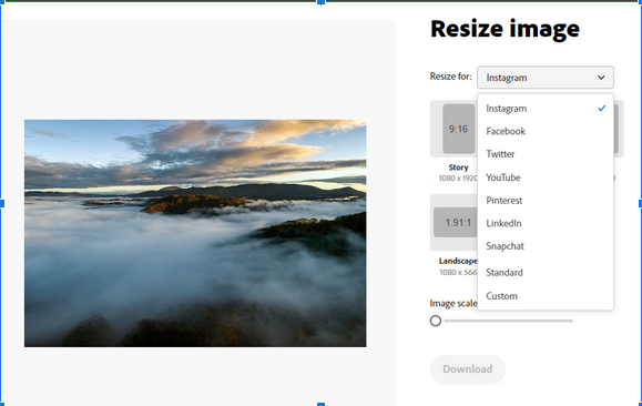 Selecting preset images sizes.