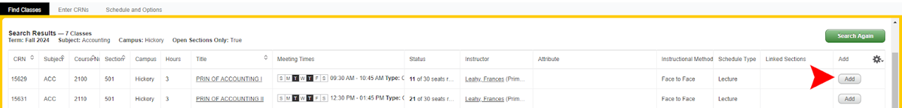 Click on Add next to a course to register for it.