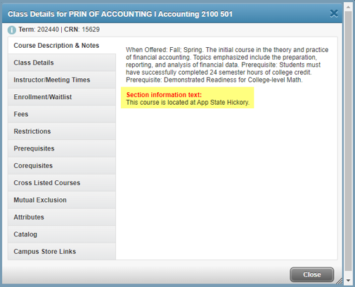 Section information text header with course notes underneath. 