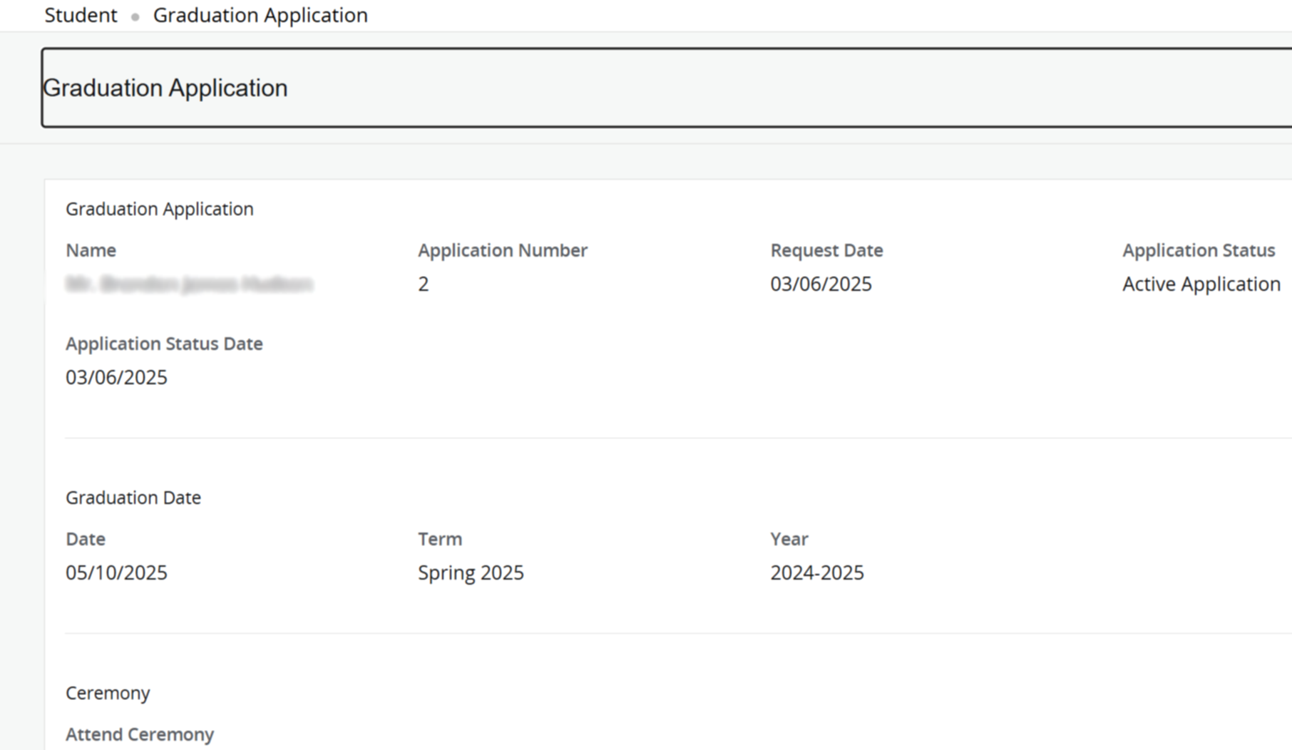 Graduation application status page. 
