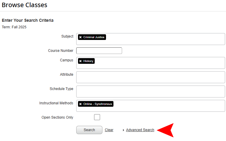 Browse for classes using the advanced search.