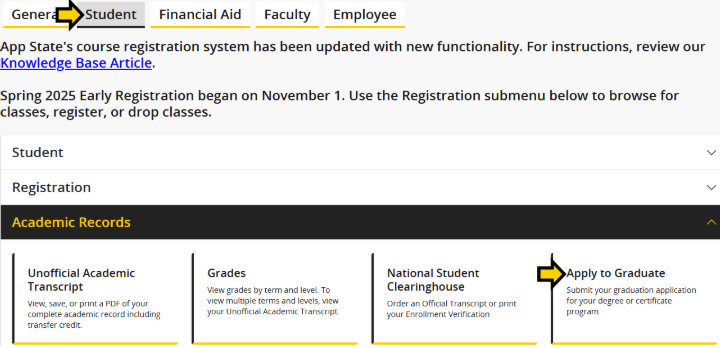 Click the Student tab, then apply to graduate.
