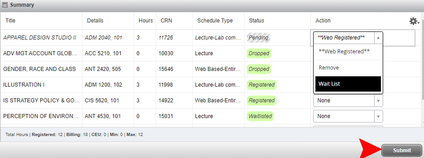 Select waitlist and click submit. 
