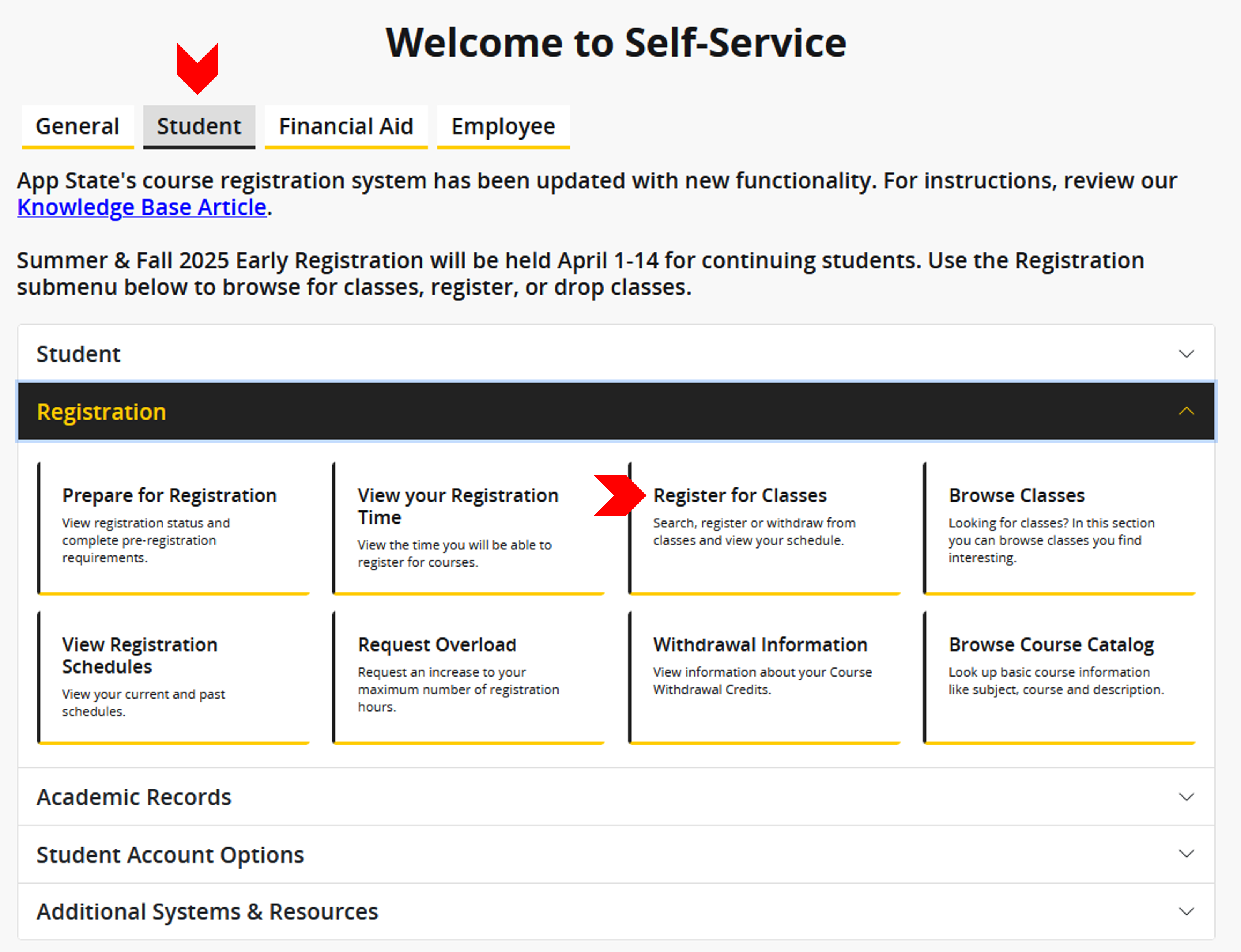 Open the student tab and click register for classes.