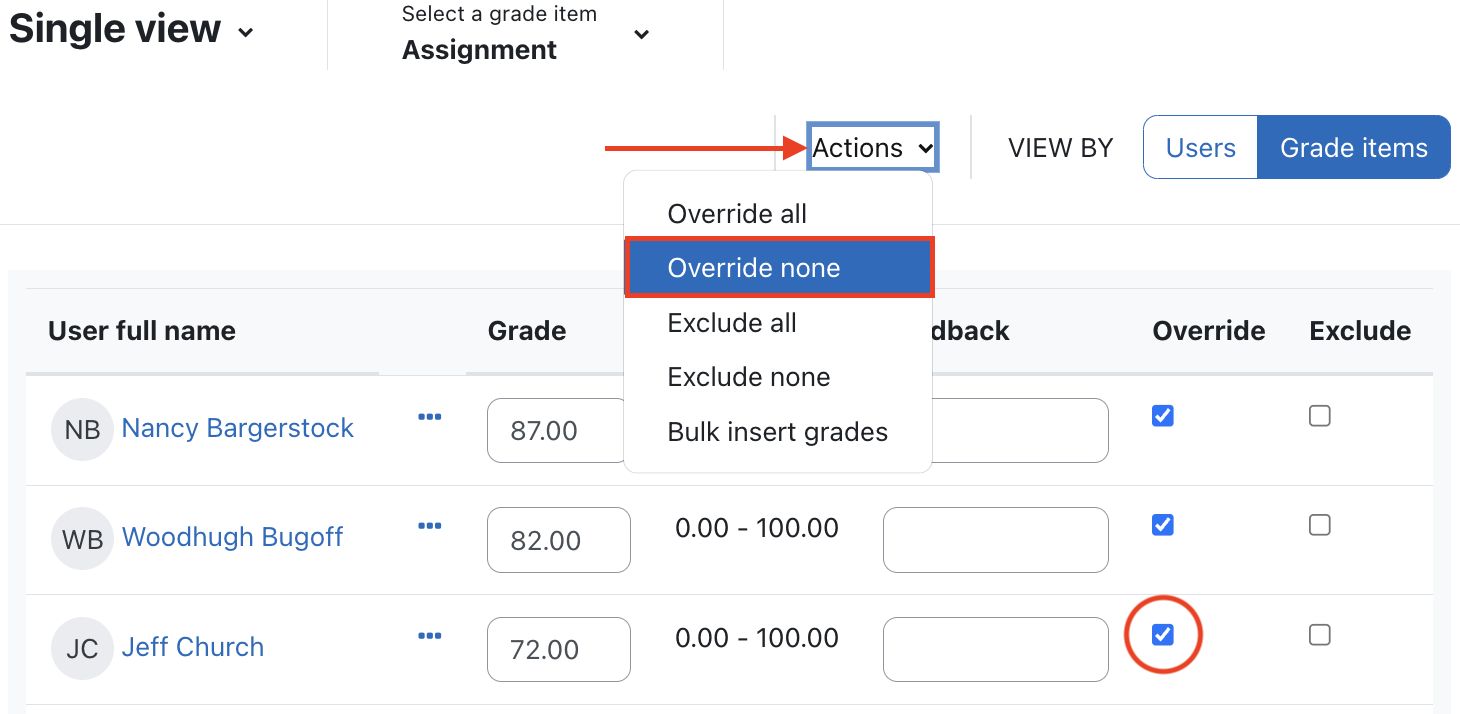 In single view with edit mode on use the actions menu to override none, or decheck the box in the override column for individual removal In single view with edit mode on use the actions menu to override none, or decheck the box in the override column for individual removal