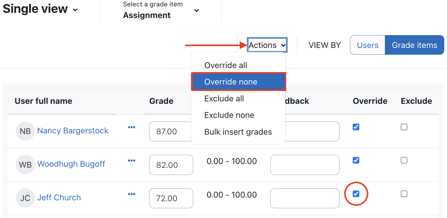 In single view with edit mode on use the actions menu to override none, or decheck the box in the override column for individual removal