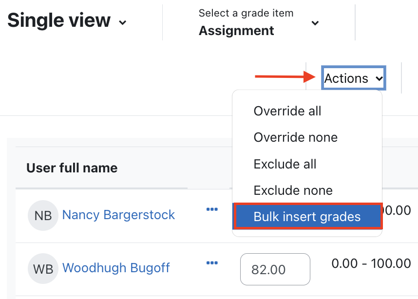 In single view for an activity with edit mode on, use the actions menu to select Bulk insert grades