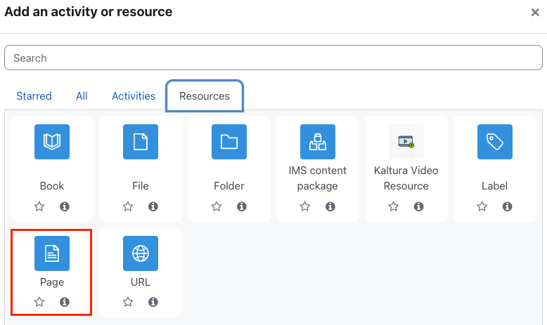 Appalachian Technology Knowledge Base > YouTube Video: Embedding in your course > youtube1.png (Click Add and activity or resource, then select Page resource) Click Add and activity or resource, then select Page resource