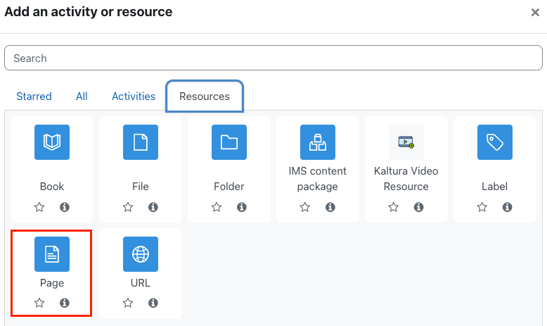 Click Add and activity or resource, then select Page resource