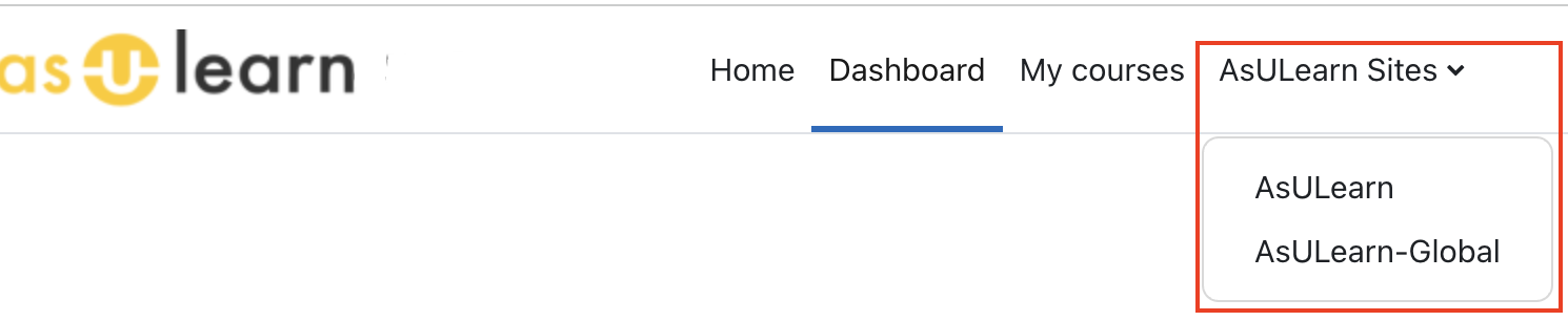 AsULearn Sites dropdown menu has links to other AsULearn sites