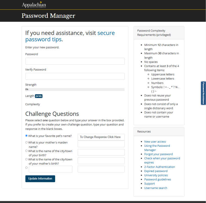 Update your password and enter your challenge question. 