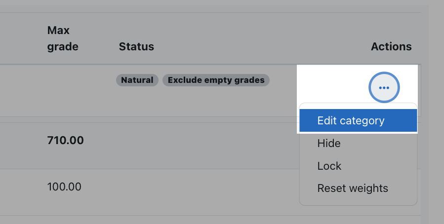 Selecting category by clicking on the three-dot icon and then clicking edit category.