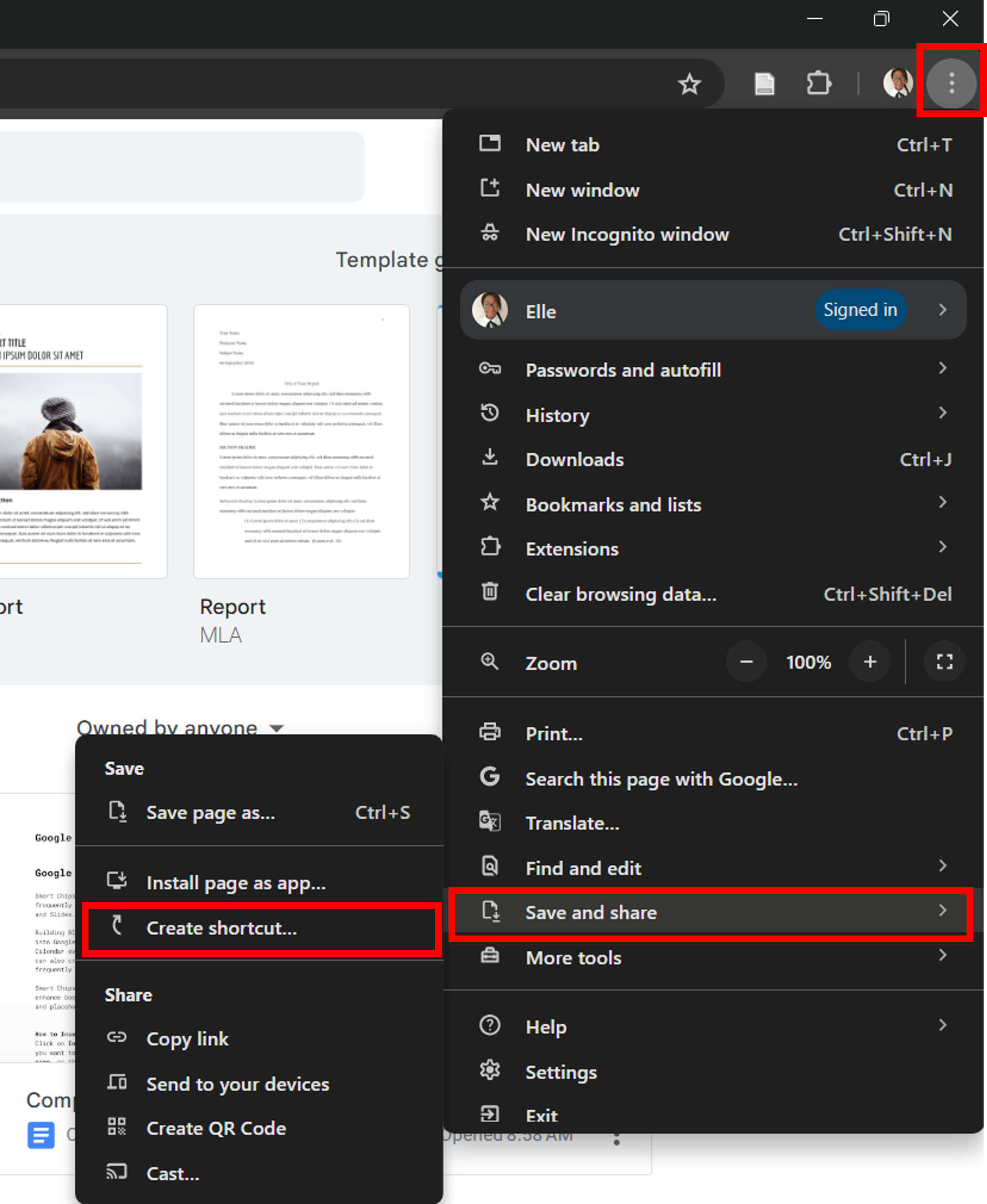 Creating a new shortcut in a browser.