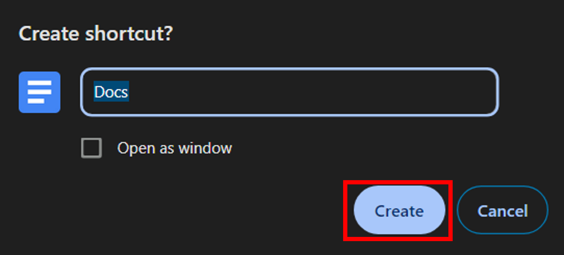 Naming a newly created shortcut.