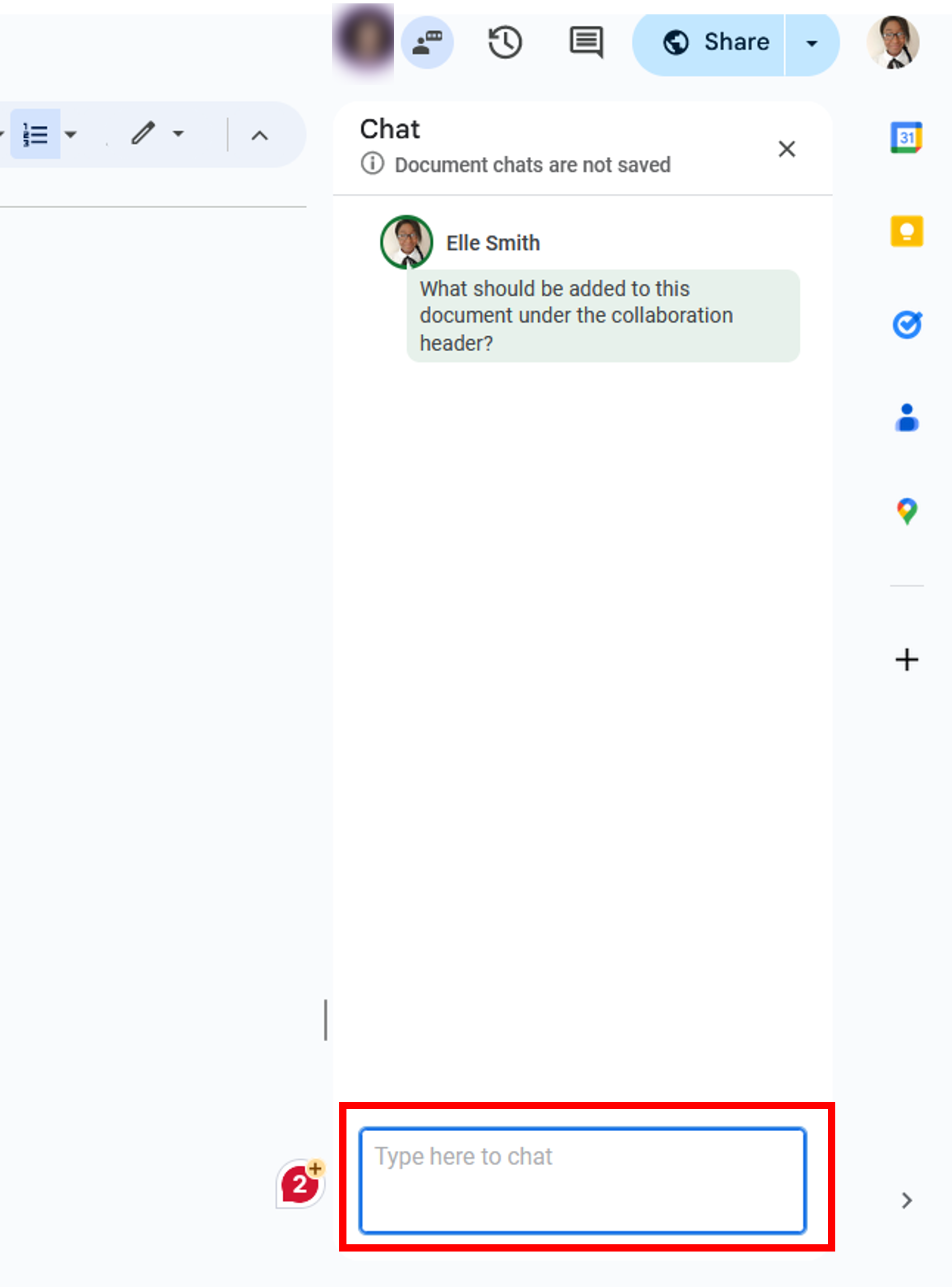 Sending a chat in Docs.