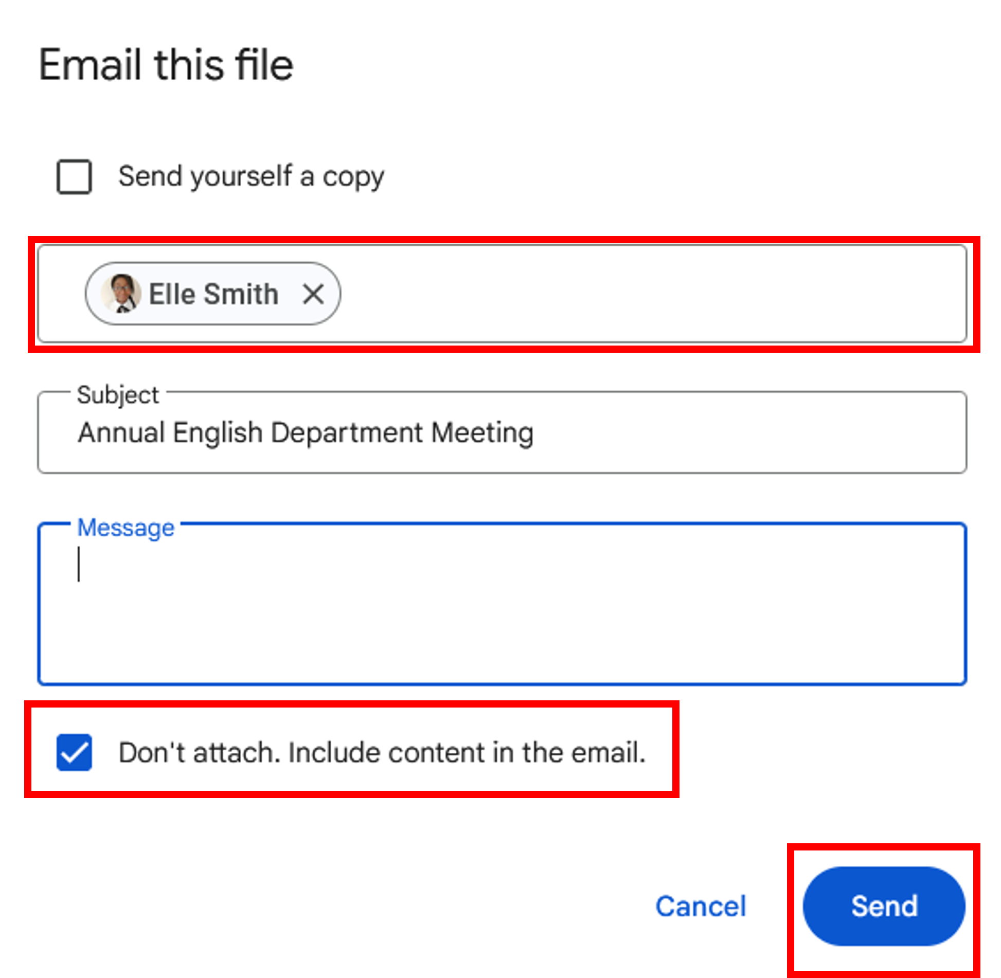 Setting whether to attach as an email or sent the entire Doc as the email.