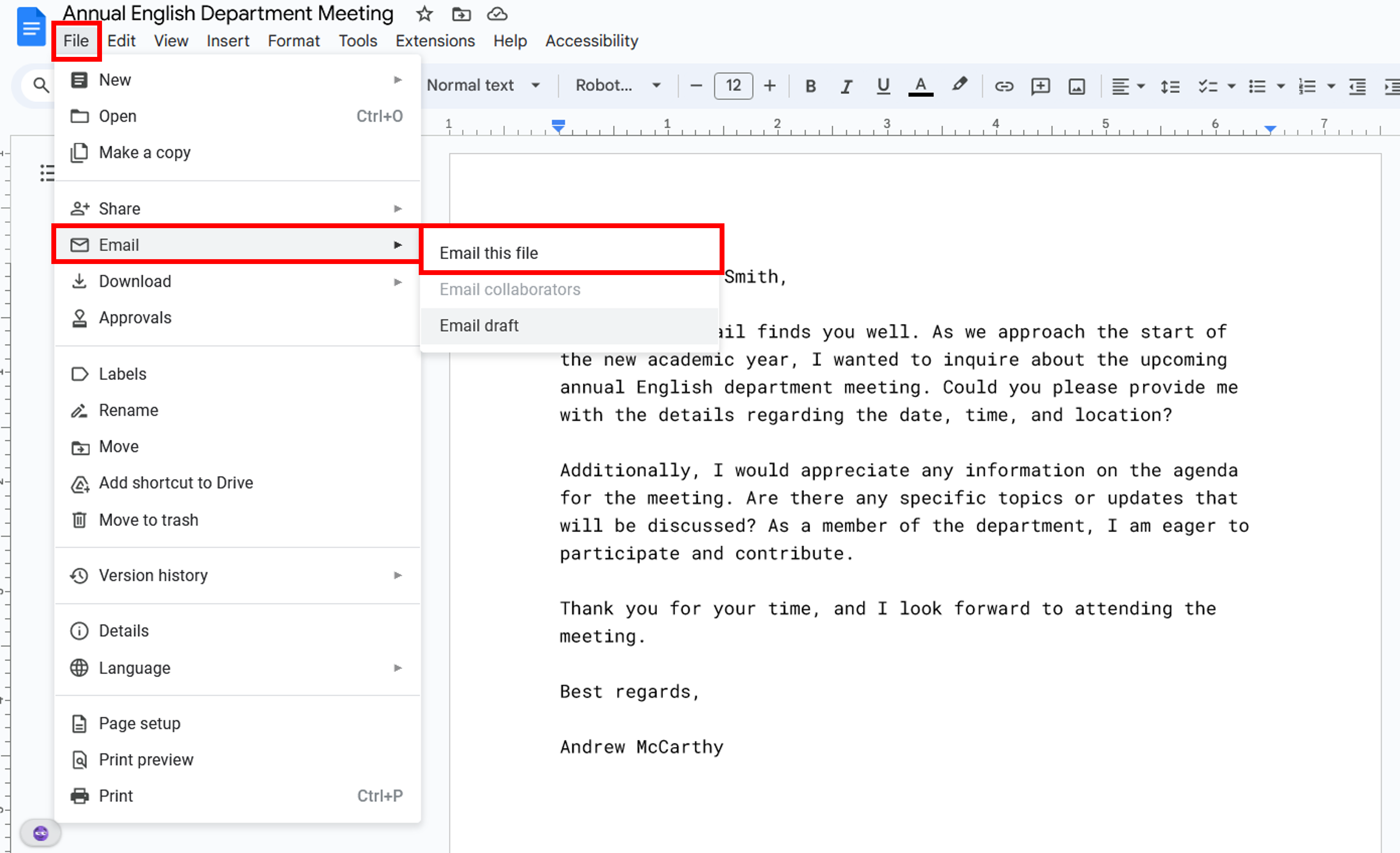 Emailing a file directly from your Google Docs.