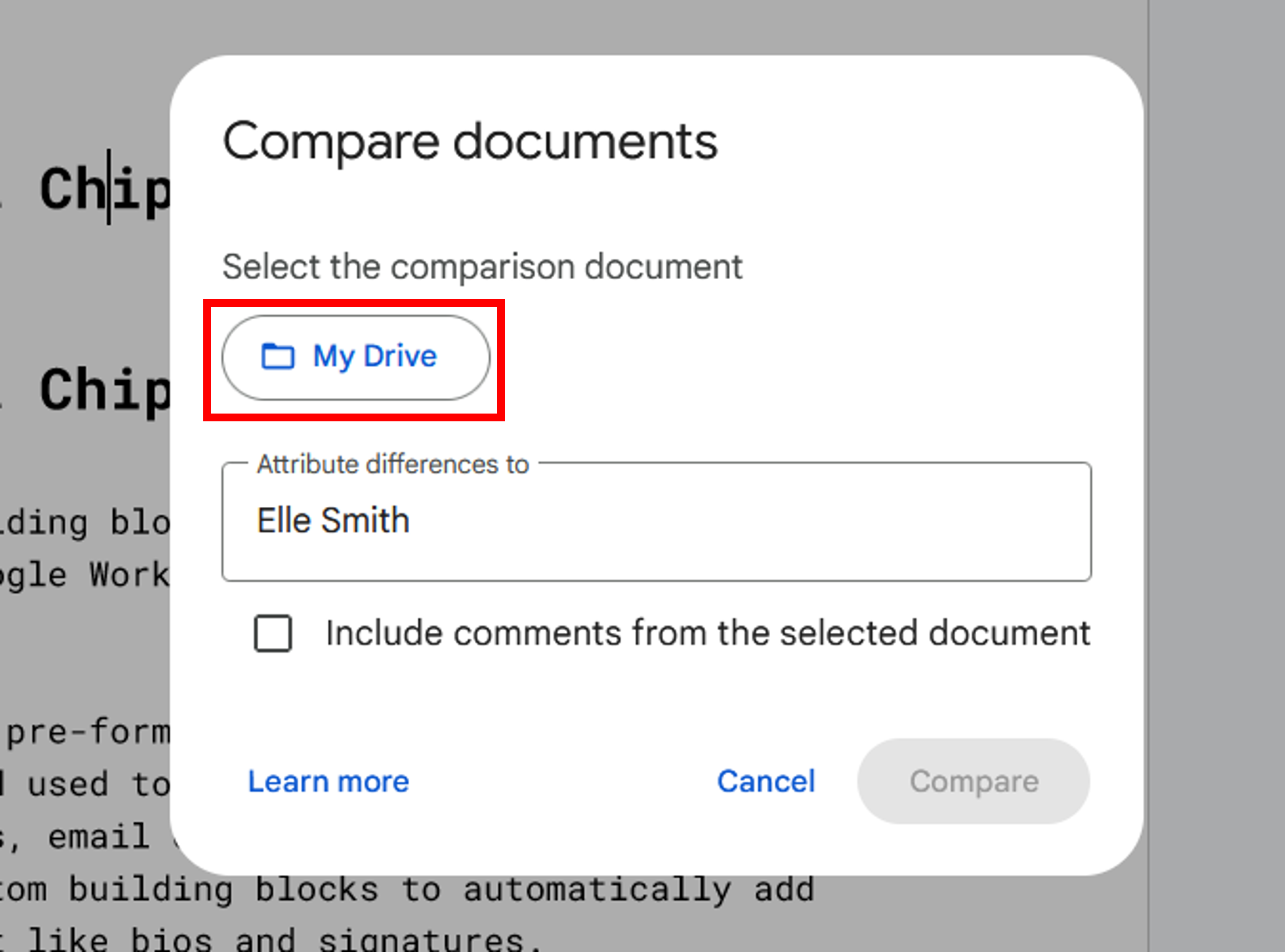 Finding documents for comparison in MyDrive.