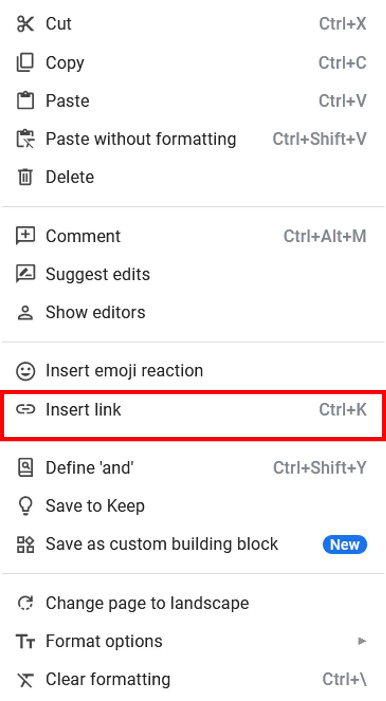 Inserting a link after right-clicking the dropdown menu.