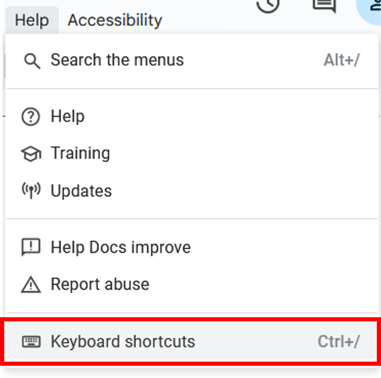 Finding the keyboard shortcuts menu in the toolbar menu,