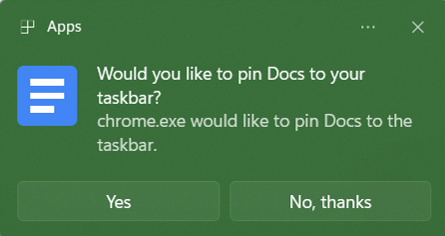 Choosing to pin Docs button to a taskbar.