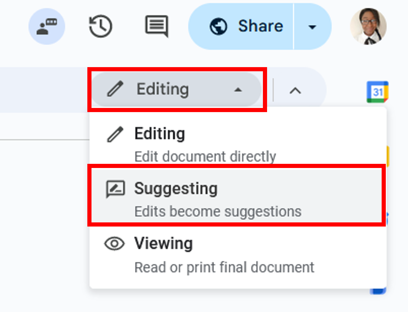 Switching your Doc to suggesting mode.