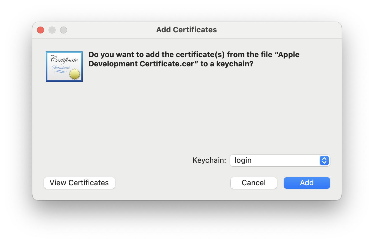Click to add the certificates. to the keychain. 