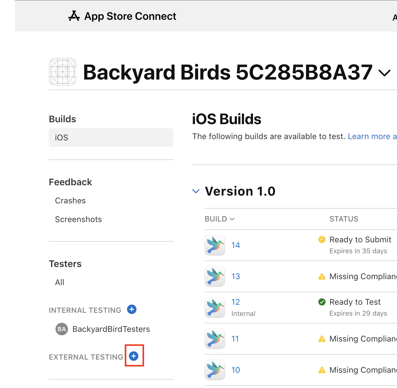 Click the plus next to the External testing tab. 