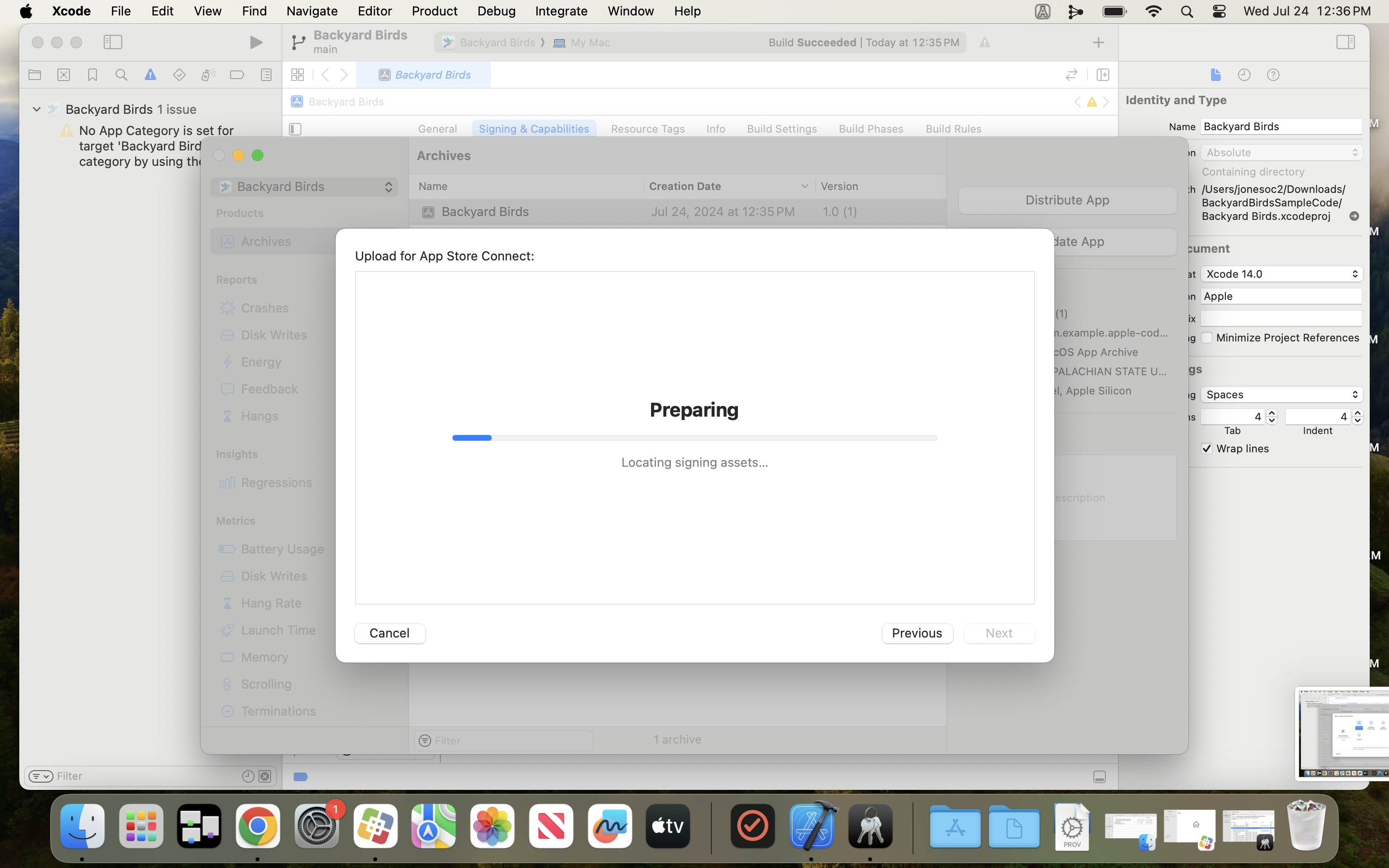 Uploading to App Store Connect. 