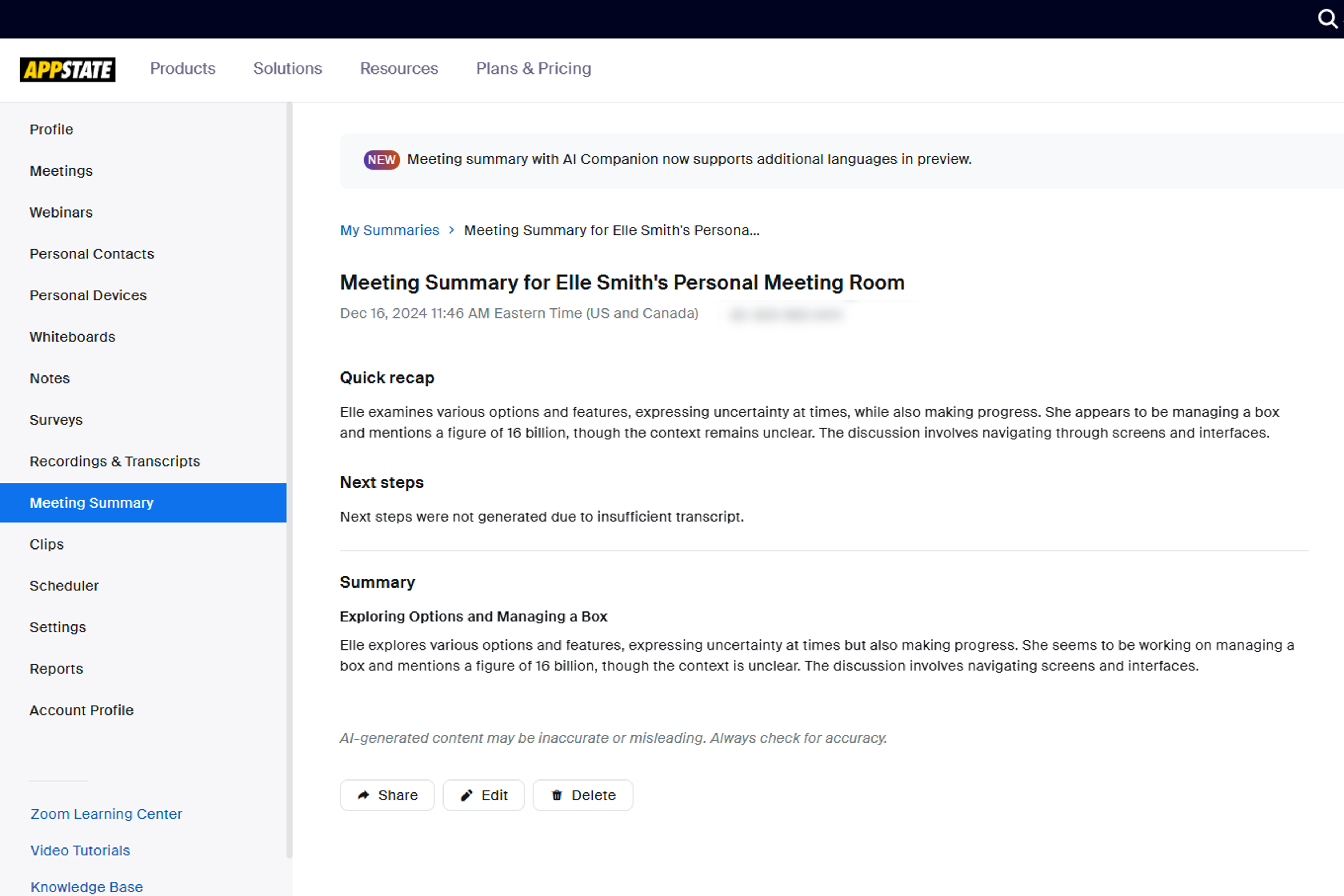 View meeting summaries in the web portal.