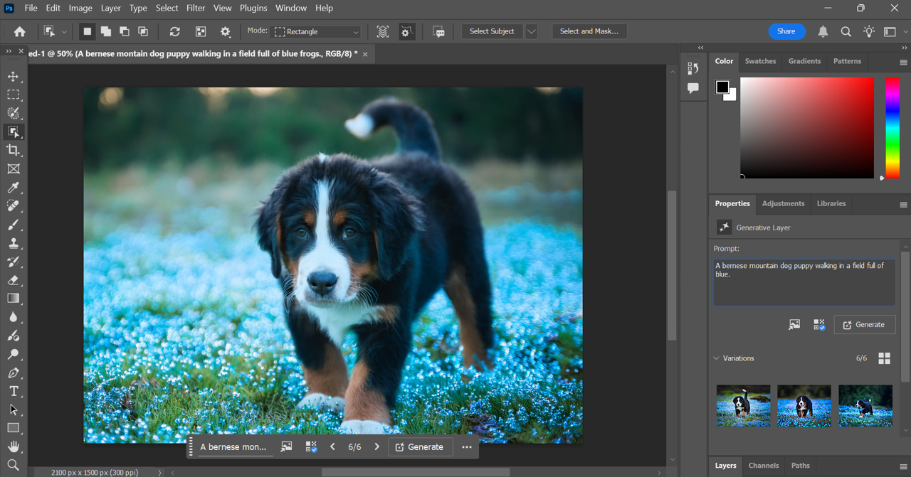 A Bernese Mountain dog puppy in a field of blue. 