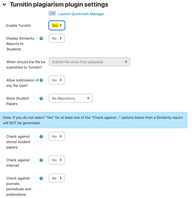 Turnitin plugin settings with turnitin enabled
