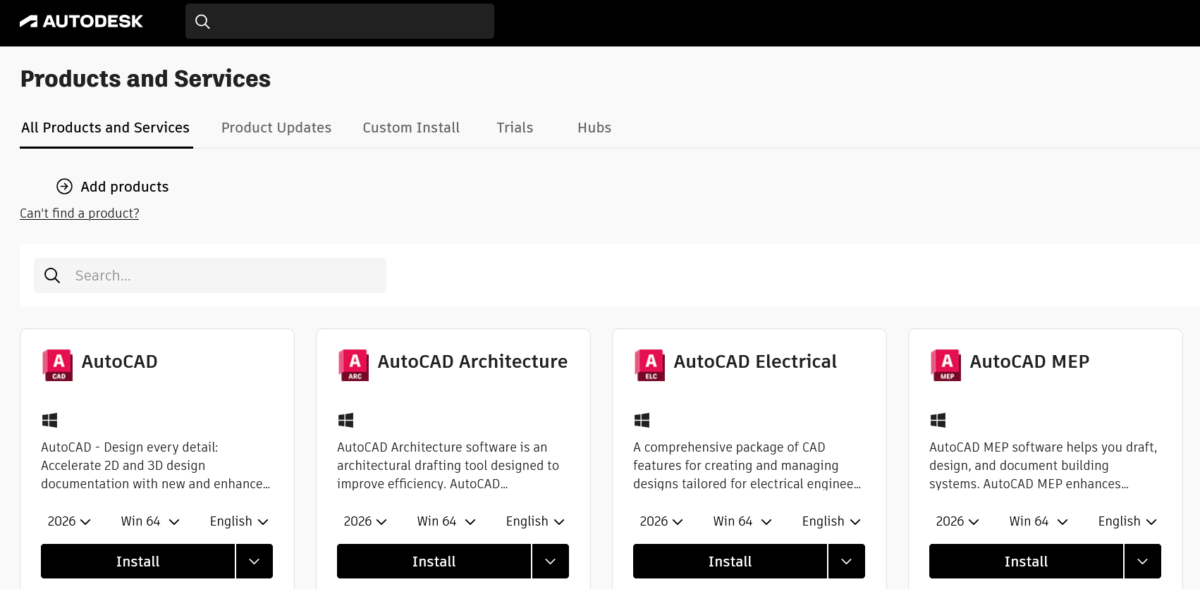 Click install ont he Autodesk product you want to download.