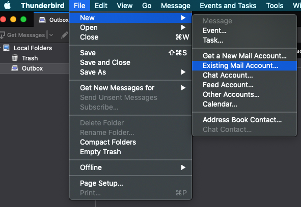 Select file, new, and then open an existing mail account.