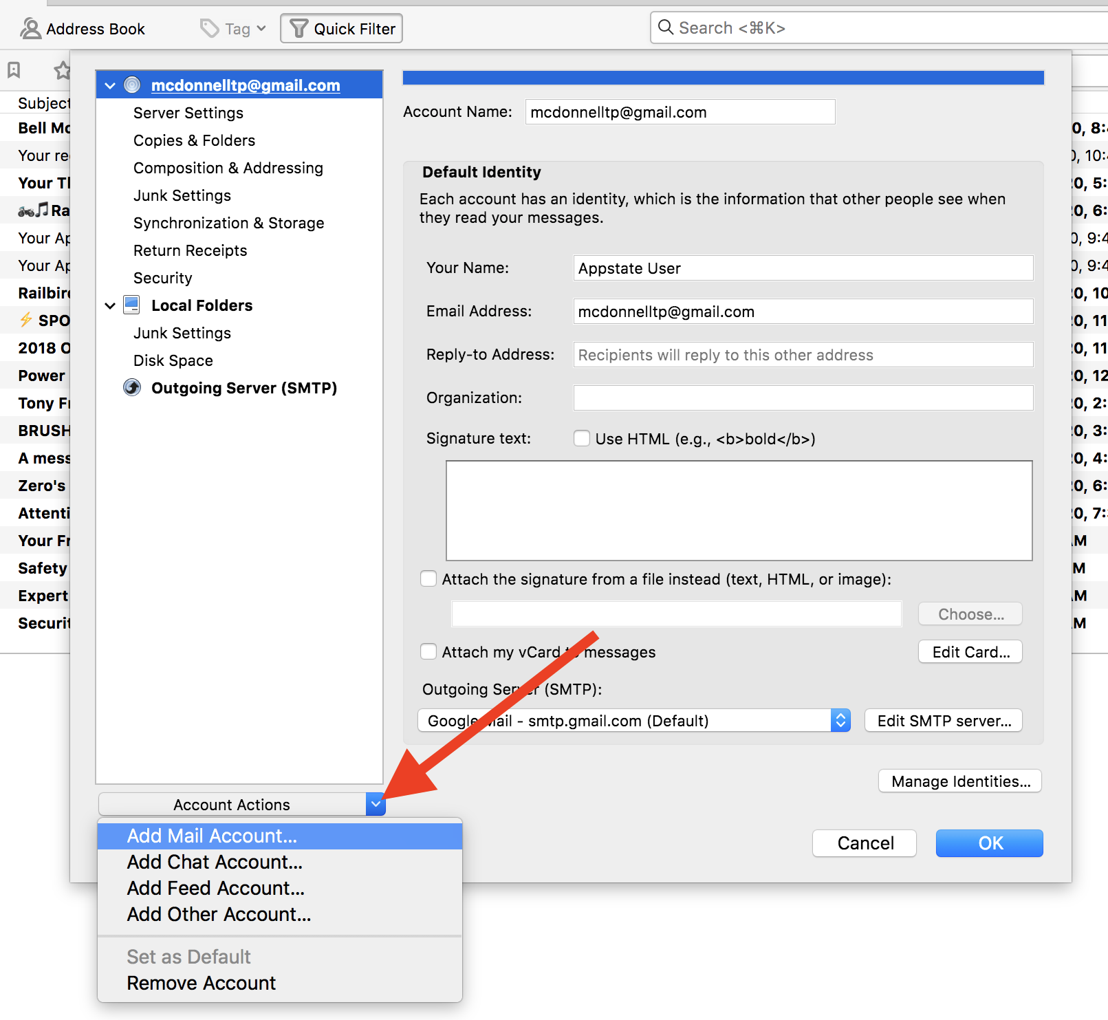 Under account actions select the option to add a mail account.